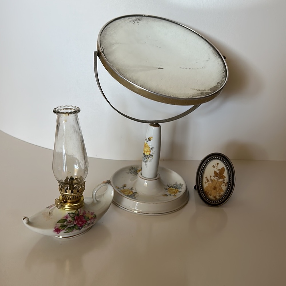 Vintage Removable Hand Held Mirror Porcelain Vanity Bowl Makeup Dressing Table - Picture 11 of 11